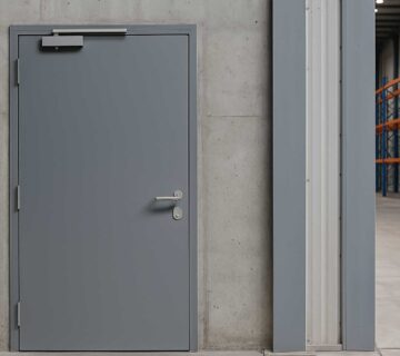 Industrial grade grey steel door installed in a commercial facility in Pakistan