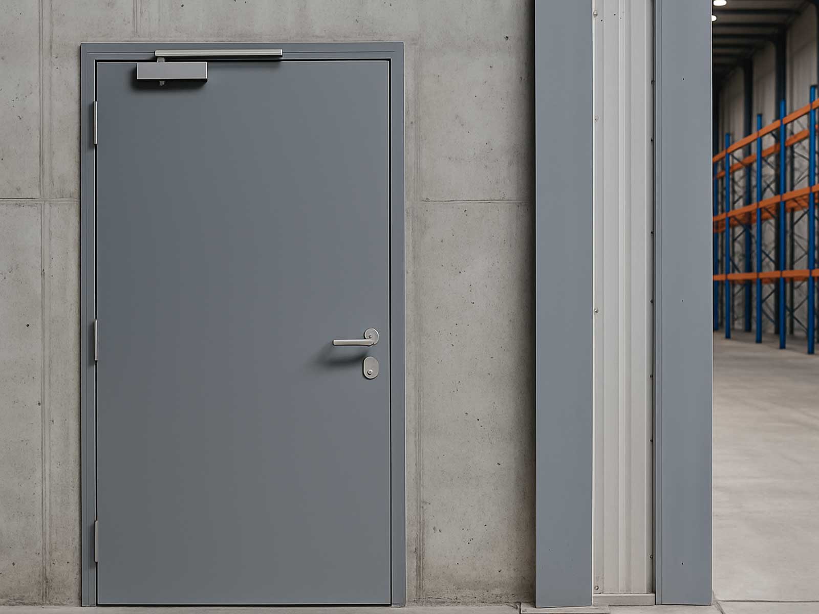 industrial-grade grey steel door installed in a commercial facility in Pakistan