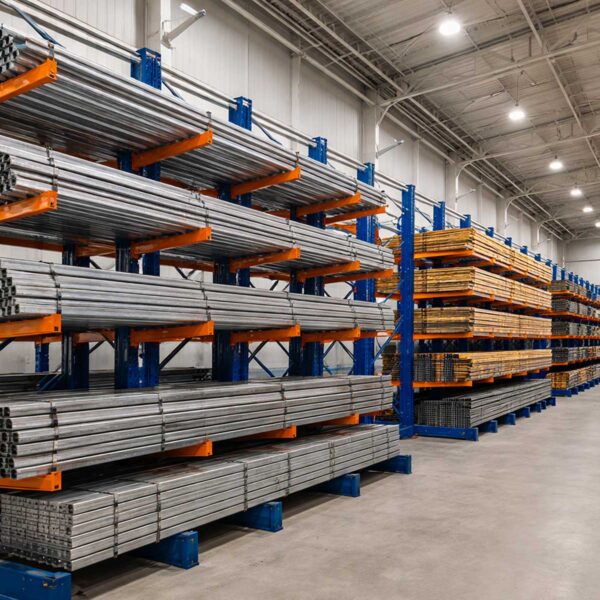 Cantilever racks storing pipes and timber in a warehouse in Pakistan