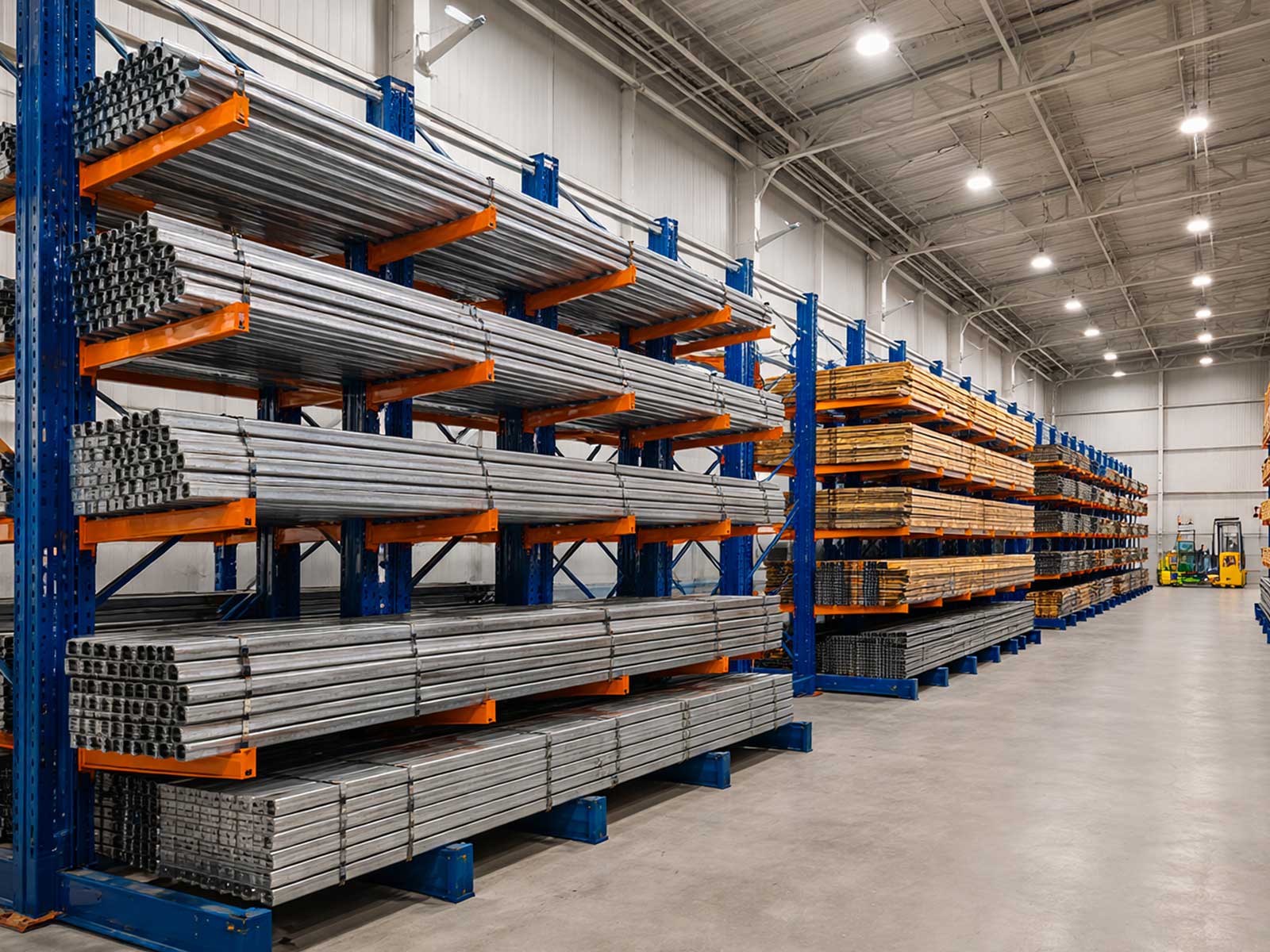 Cantilever racks storing pipes and timber in a warehouse in Pakistan