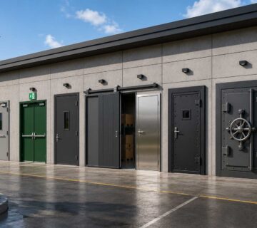 Security access door with electronic lock panel in a Pakistani commercial facility — Khambatis