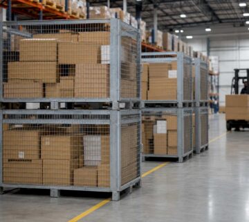 Steel cage pallets stacked in a Pakistani e commerce fulfilment warehouse