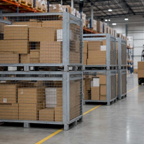 Steel cage pallets stacked in a Pakistani e commerce fulfilment warehouse