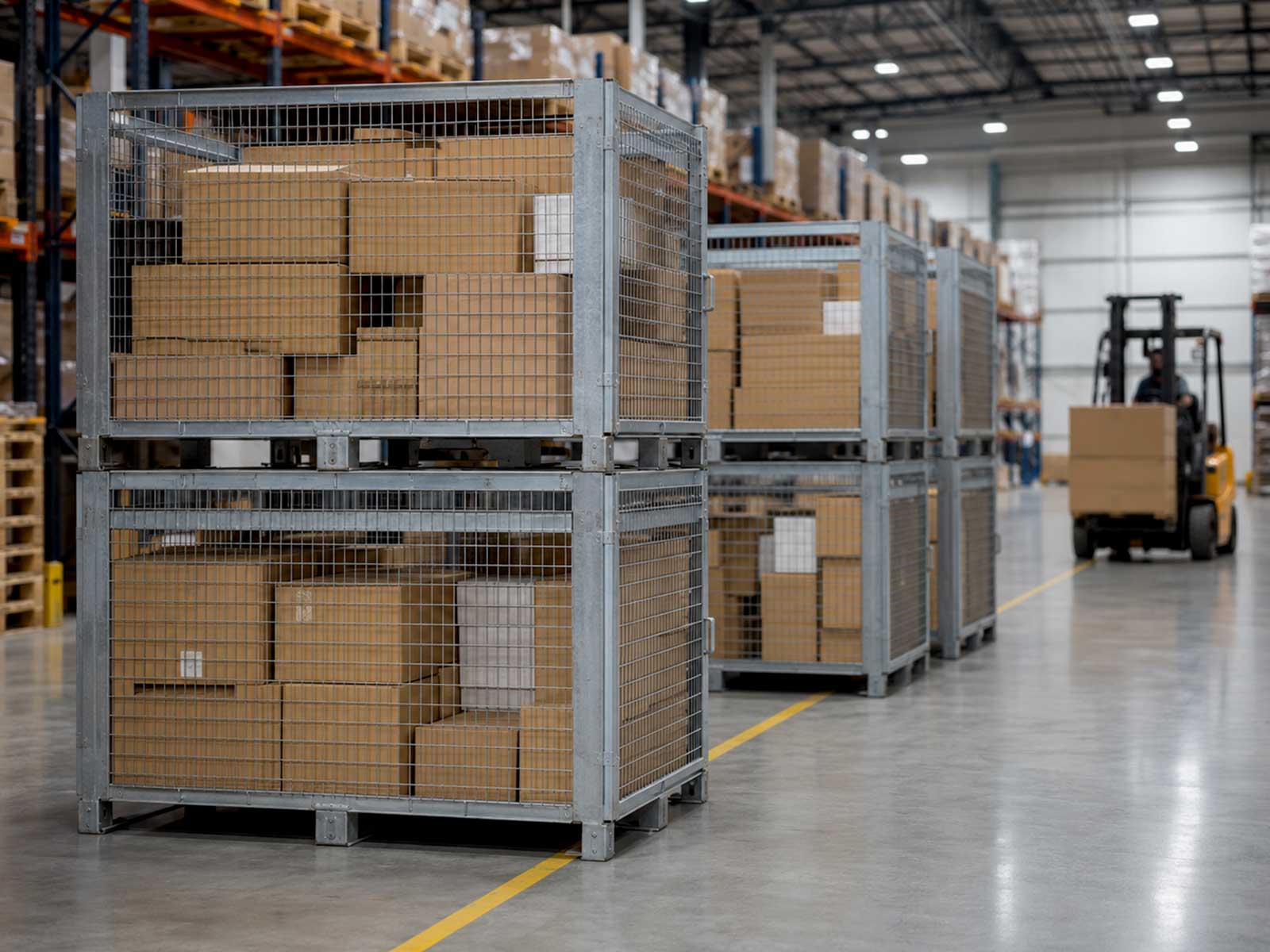 Steel cage pallets stacked in a Pakistani e commerce fulfilment warehouse