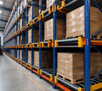 Push back racking system storing pallets 4 deep in a Pakistani warehouse