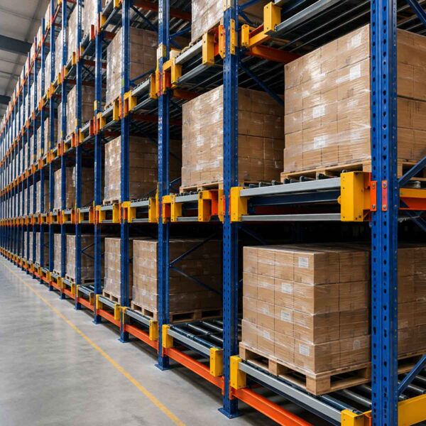 Push back racking system storing pallets 4 deep in a Pakistani warehouse