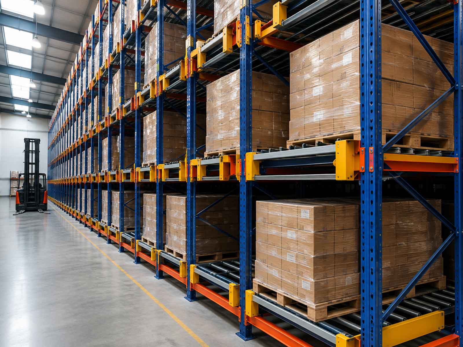 Push back racking system storing pallets 4 deep in a Pakistani warehouse