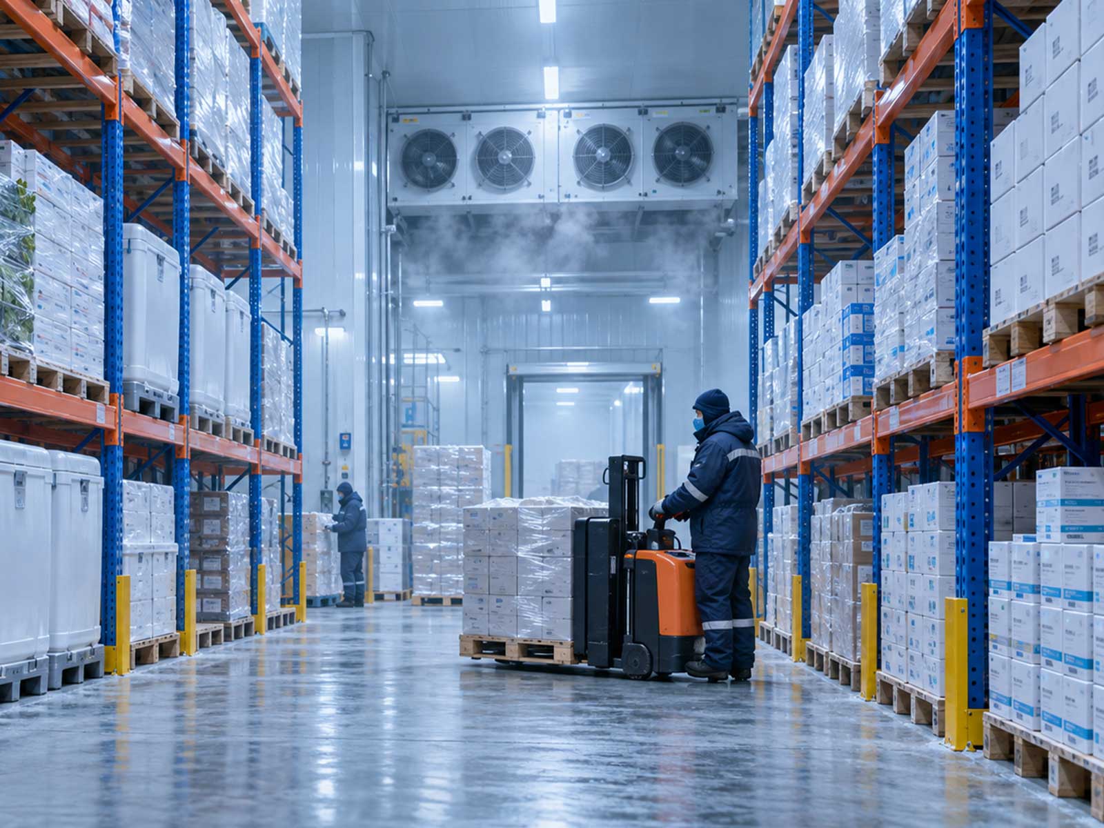Galvanized steel racking system inside a cold storage warehouse in Pakistan with frost visible on pallets