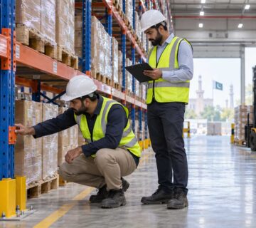 Warehouse supervisor inspecting damaged steel racking upright with a color coded safety inspection tag in Pakistan