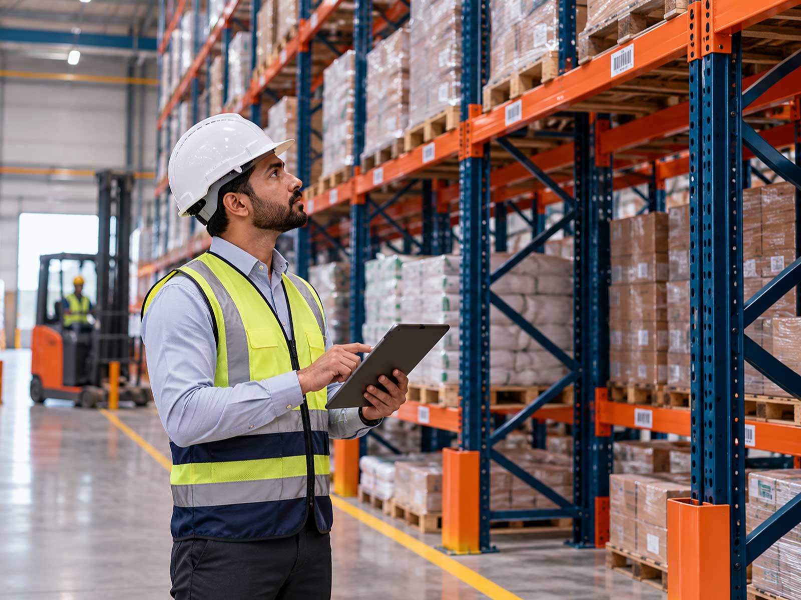 Warehouse manager reviewing racking budget and steel quotation documents in a Pakistani facility